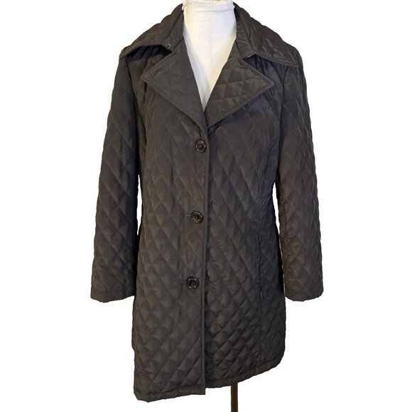 Talbot's Quilted Puffer Coat PM Petite Medium Mid Length Black W Pockets - Picture 3 of 16
